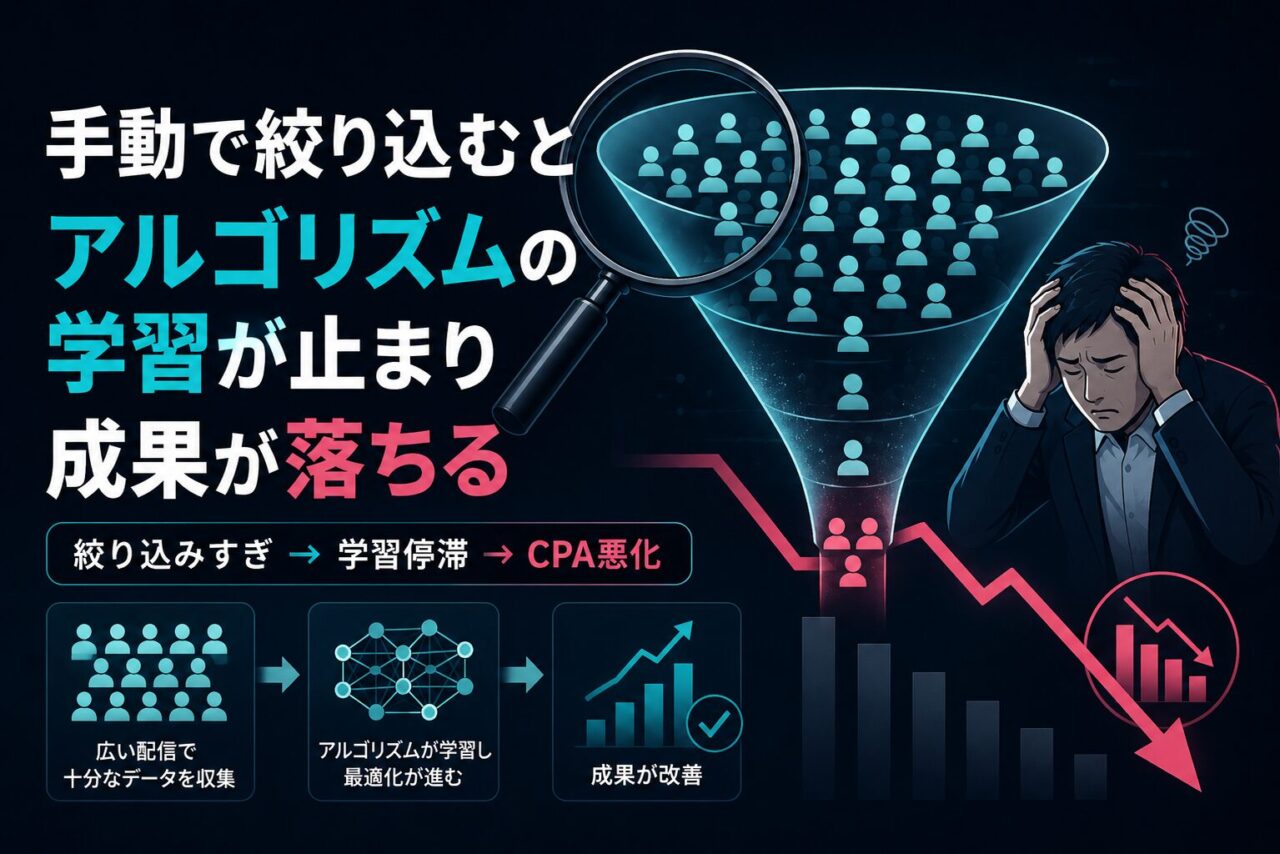 1.手動で絞り込むとアルゴリズムの学習が止まり成果が落ちるイメージ画像