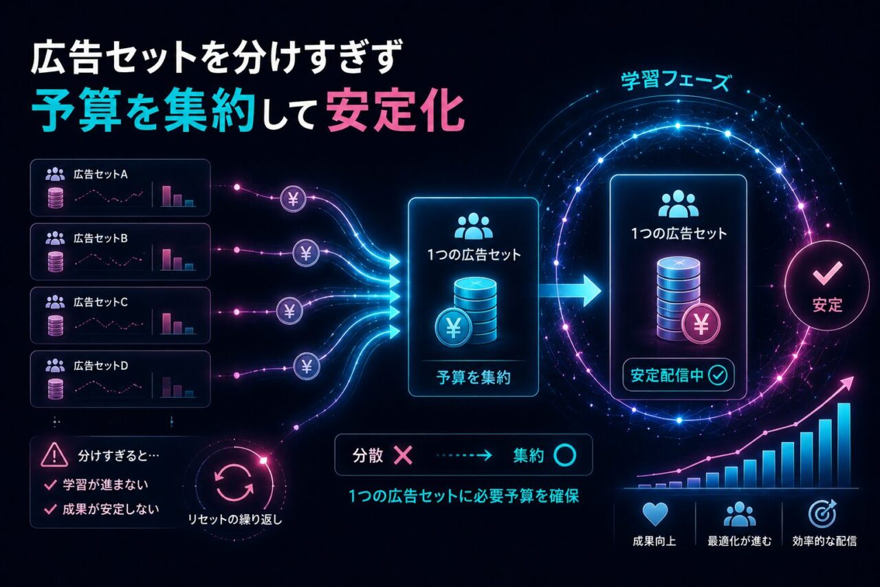 4.広告セットを分けすぎず予算を集約すれば配信は安定する