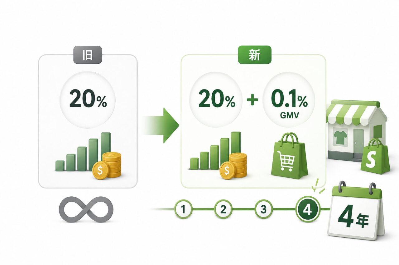 1.新制度は従来の永続20%にGMV0.1%を重ねて4年で区切る