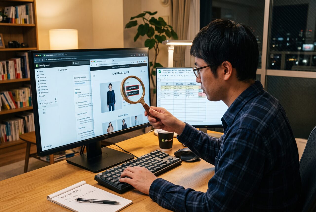 Shopifyの翻訳漏れを虫眼鏡で探し保存場所ごとに切り分けるイメージ