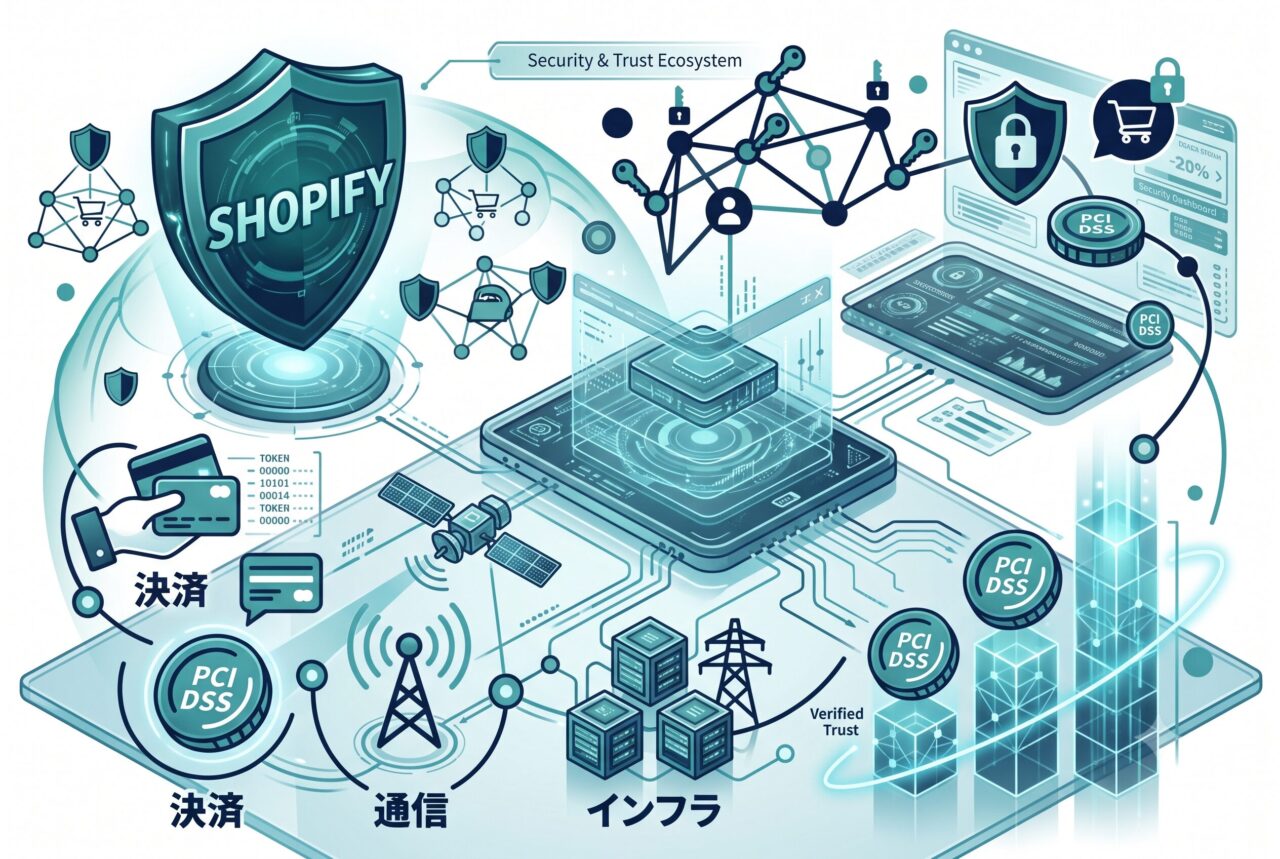 Shopifyを模した盾がインフラ・通信・決済の三要素をカバーしているイラスト
