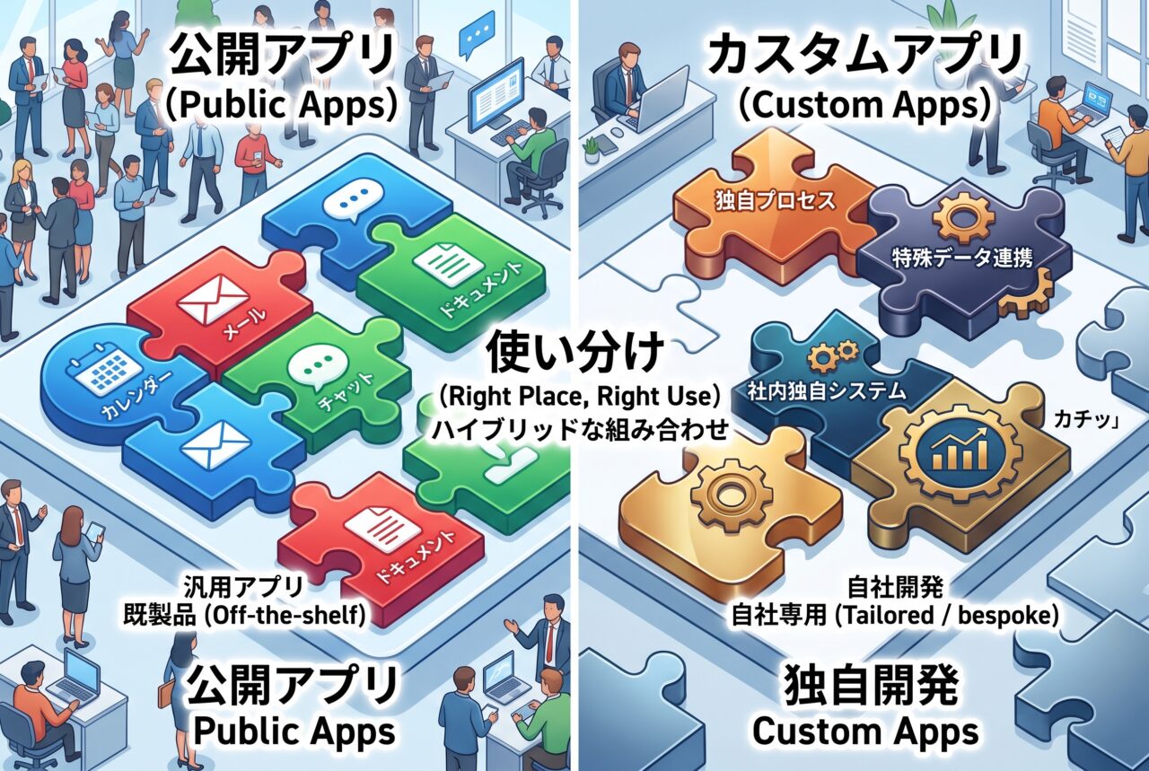 公開アプリとカスタムアプリの使い分けをパズルのピースで表したイメージ