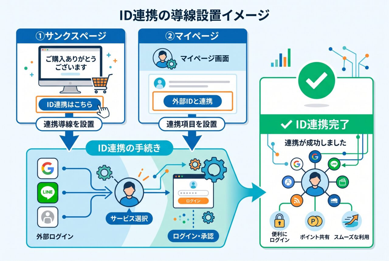 ID連携の導線をサンクスページとマイページに設置する流れを表す接続のイメージ