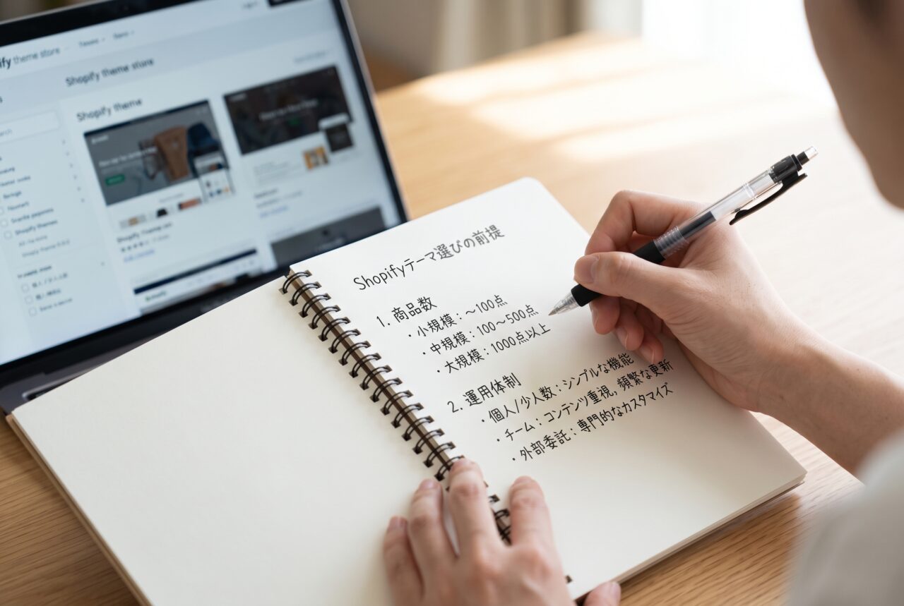 Shopifyテーマ選びの前提となる商品数と運用体制を書き出すデスク周りのイメージ