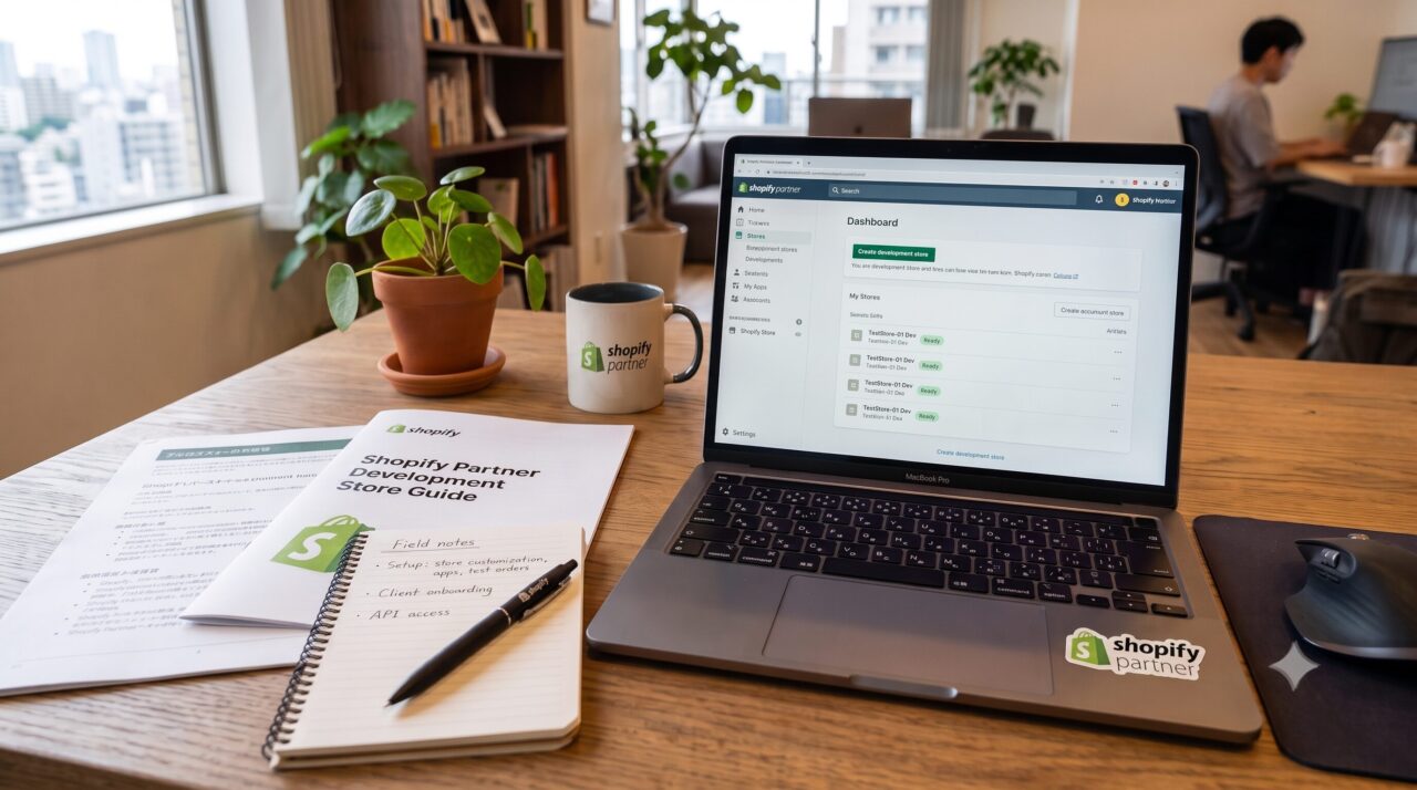 Shopifyパートナー登録後に用意できる開発ストアの環境を表すノートパソコンと書類のイメージ