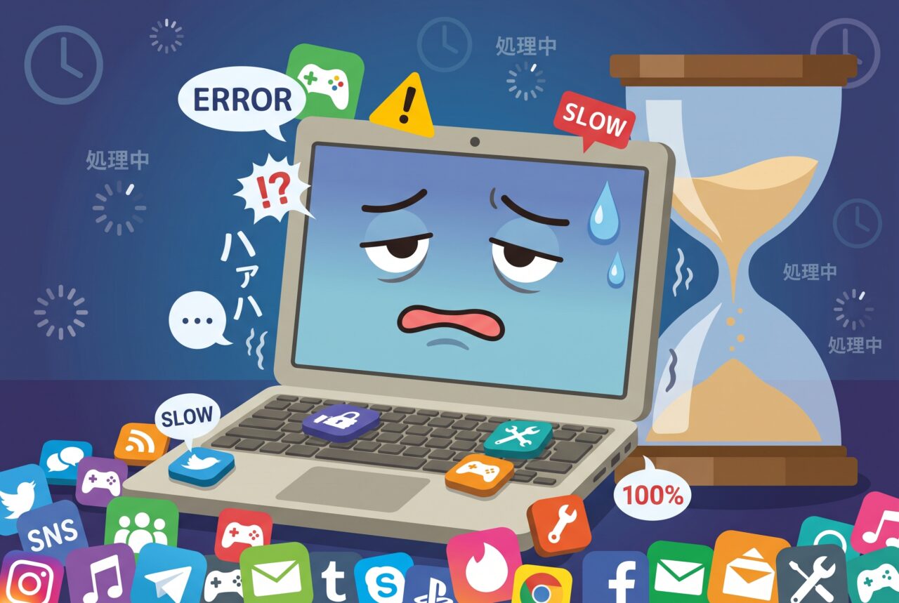 砂時計とノートPCで、アプリの入れすぎによる表示速度の低下を表すイメージ