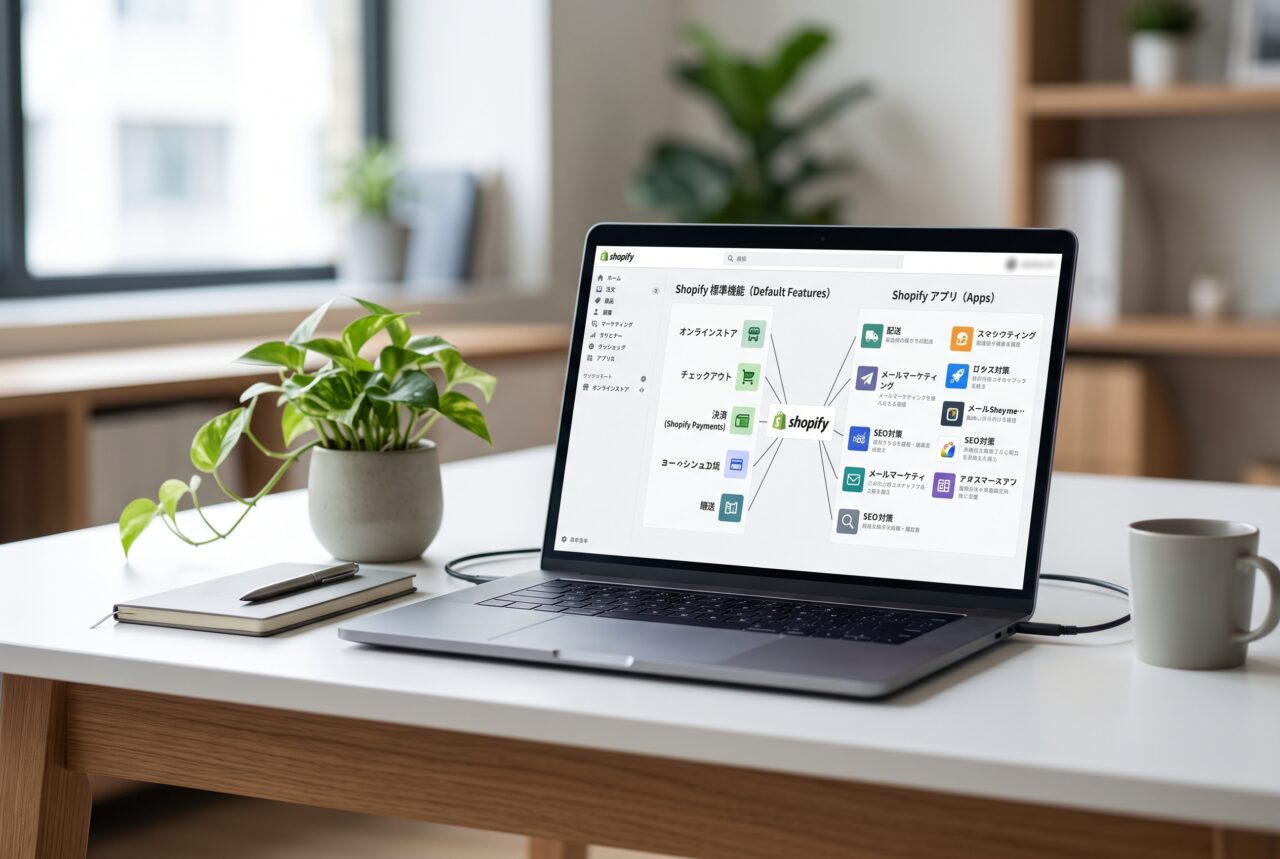 整頓されたデスクのノートPCで、Shopify標準機能とアプリを整理するイメージ