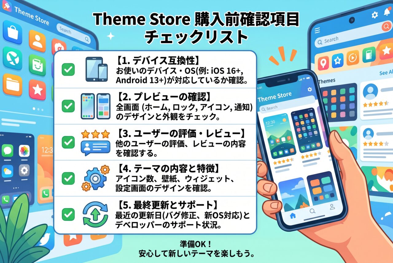 Theme Storeでテーマを購入する前の確認項目をチェックリストで洗い出すイメージ