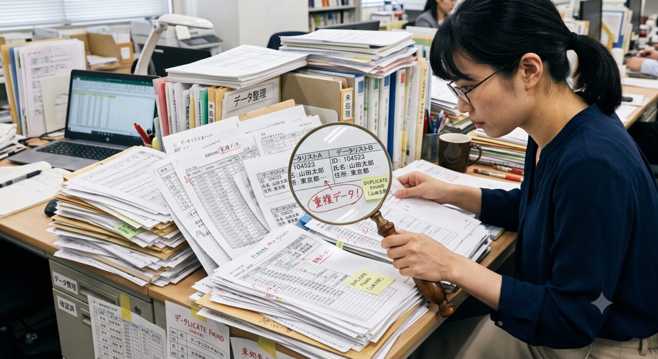 構造化データの重複を確認する作業を重なった書類と虫眼鏡で表したイメージ