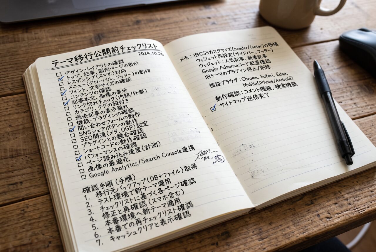 テーマ移行の公開前チェックリストと確認手順を書き出したノートのイメージ