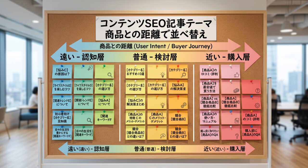 コンテンツSEOの記事テーマを商品との距離で並べ替える付箋のイメージ