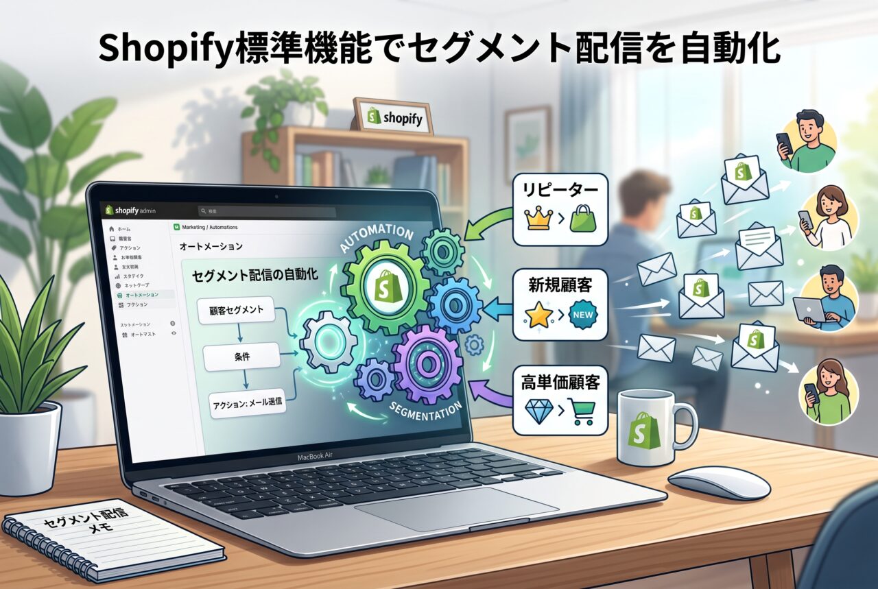 Shopify標準機能でセグメント配信を自動化する仕組みを表す歯車とノートPCのイメージ