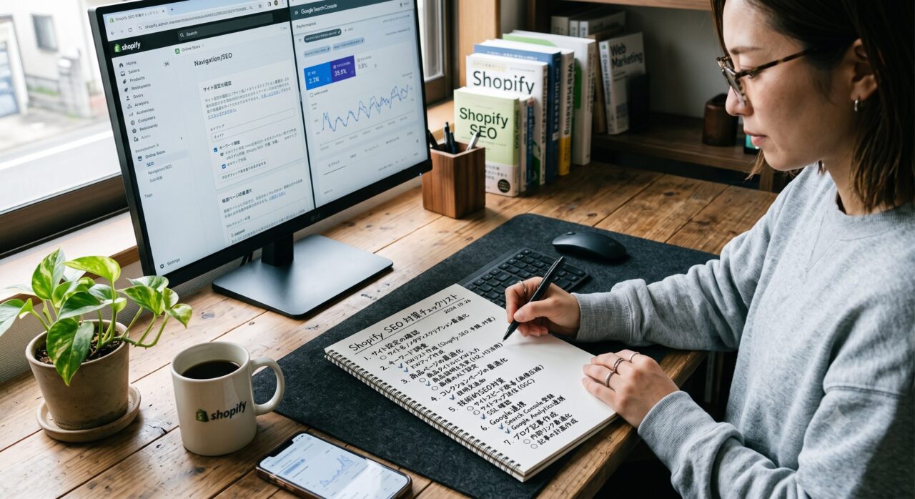 Shopify SEO対策の着手順をチェックリストで整理するデスクのイメージ