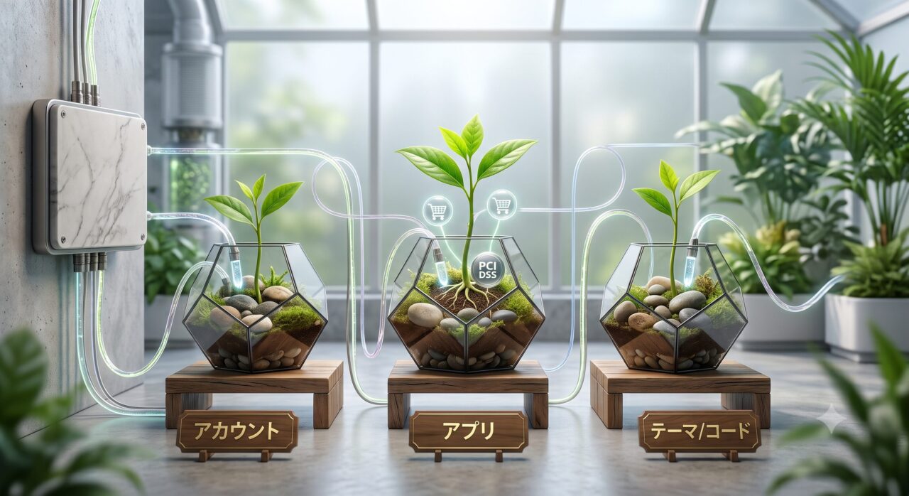 アカウント・アプリ・テーマ／コードを模した植木鉢を日々の運用で育てるイメージ