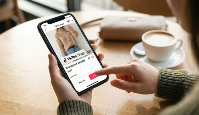 スマホでTikTokショップの商品画面を見て、購入操作をしている手元の様子