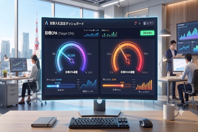 自動入札の目標CPAと目標ROASの水準を調整するメーターのイメージ