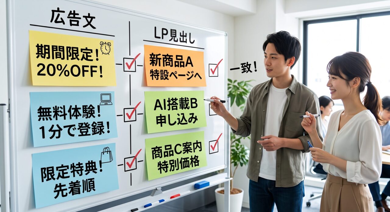 広告文とLP見出しの一致を横並びで確認する広告用LP整合チェックのイメージ