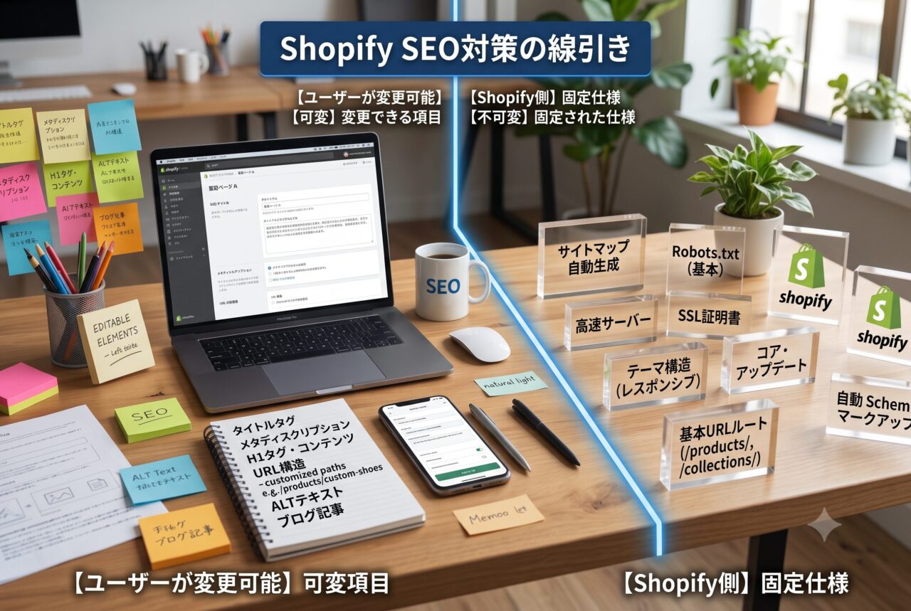 Shopify SEO対策で変更できる項目と固定された仕様の線引きを示すデスクのイメージ