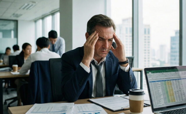 オフィスでスマホを見ながらTikTokショップが表示されずに困っているスーツ姿の男性