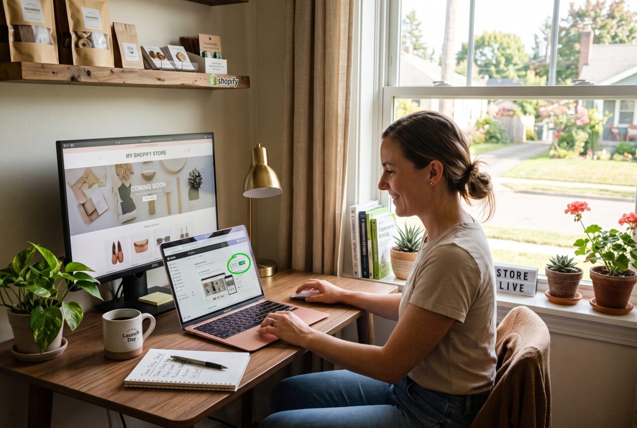 Shopifyのテーマ選定を終えて公開準備に進むデスクと窓辺のイメージ