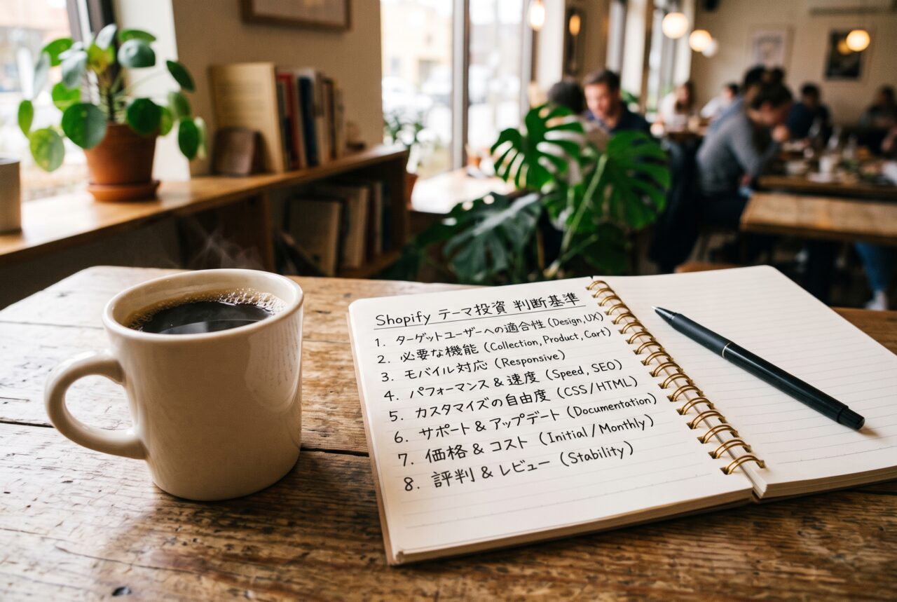Shopifyのテーマ投資を判断する基準を書き出したノートとコーヒーのイメージ