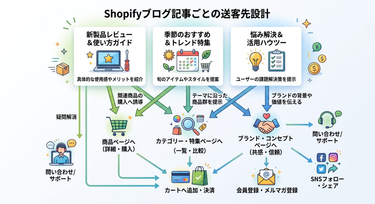 Shopifyブログの記事ごとに送客先を決める導線設計を矢印で示したイメージ