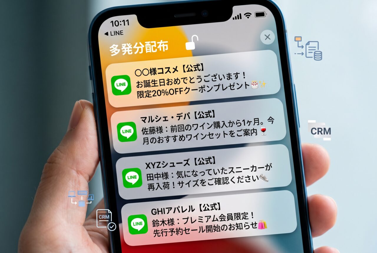 CRM連携によるLINE配信の出し分けを表すスマートフォン通知画面のイメージ