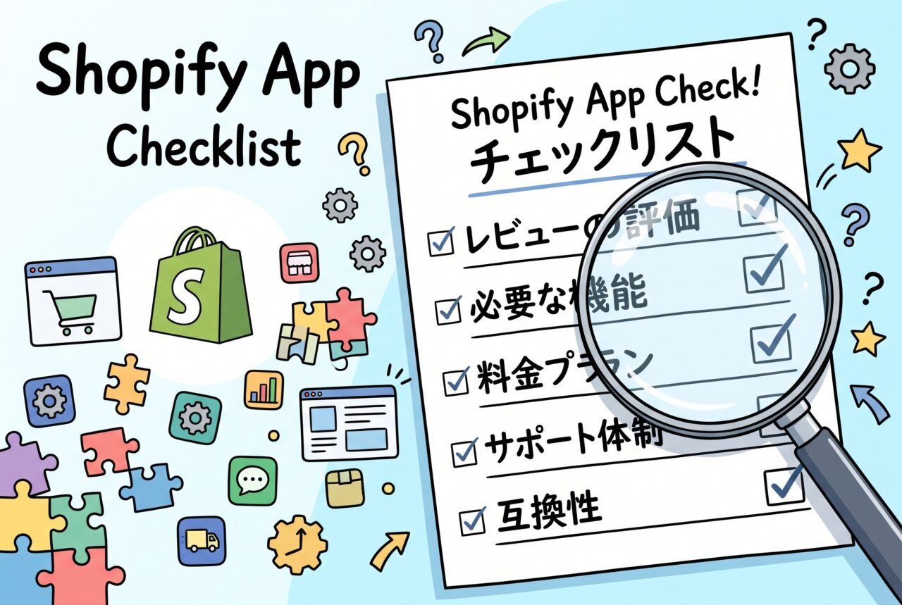 虫眼鏡とチェックリストで、Shopifyアプリの選び方と確認点を表すイメージ