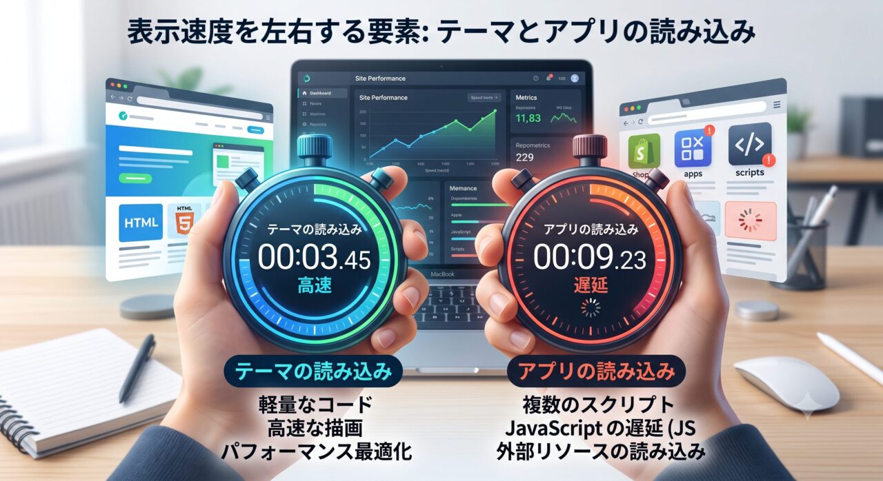 表示速度を左右するテーマとアプリの読み込みをストップウォッチで表したイメージ