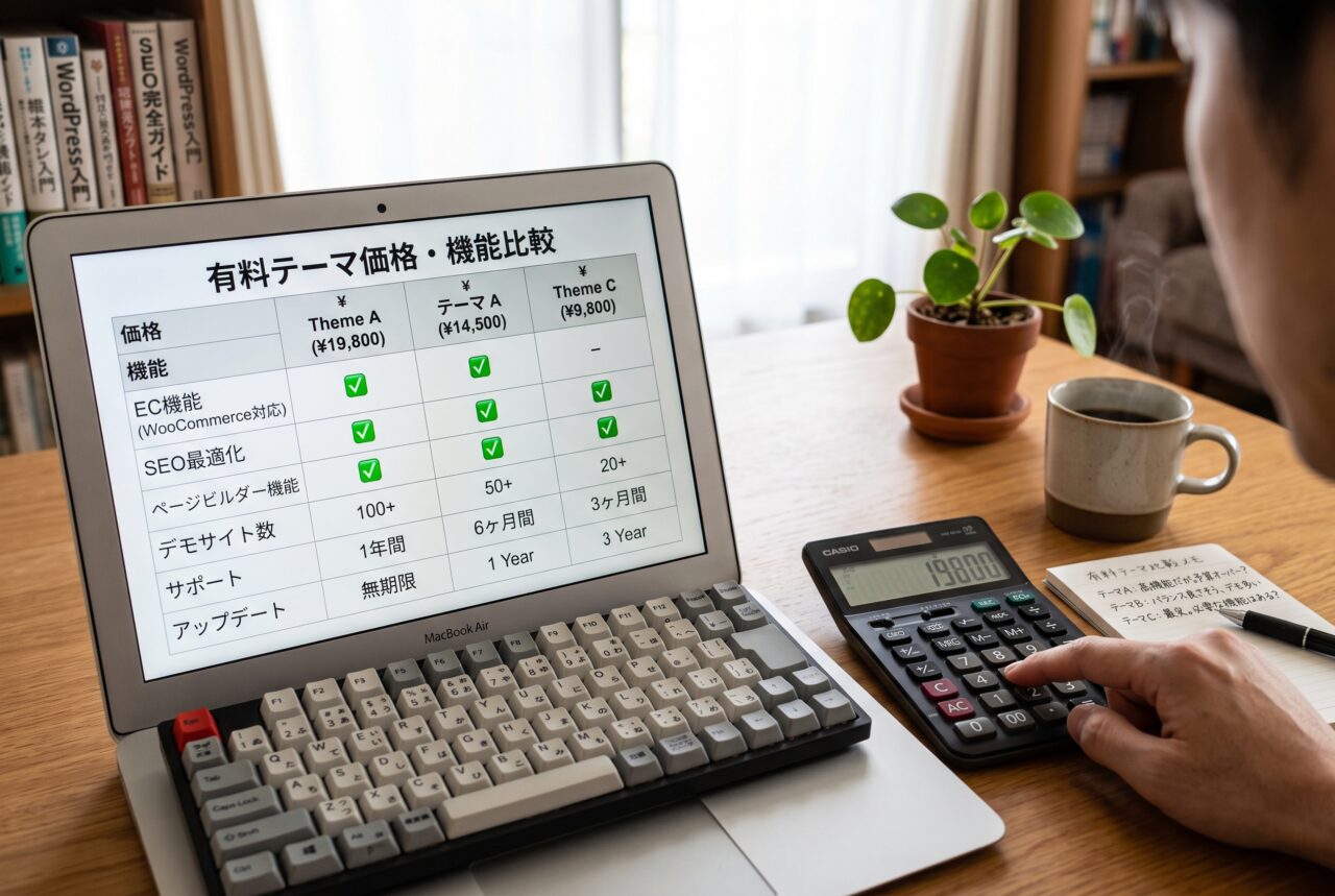 有料テーマの価格と機能の対応を見比べる電卓とノートパソコンのイメージ