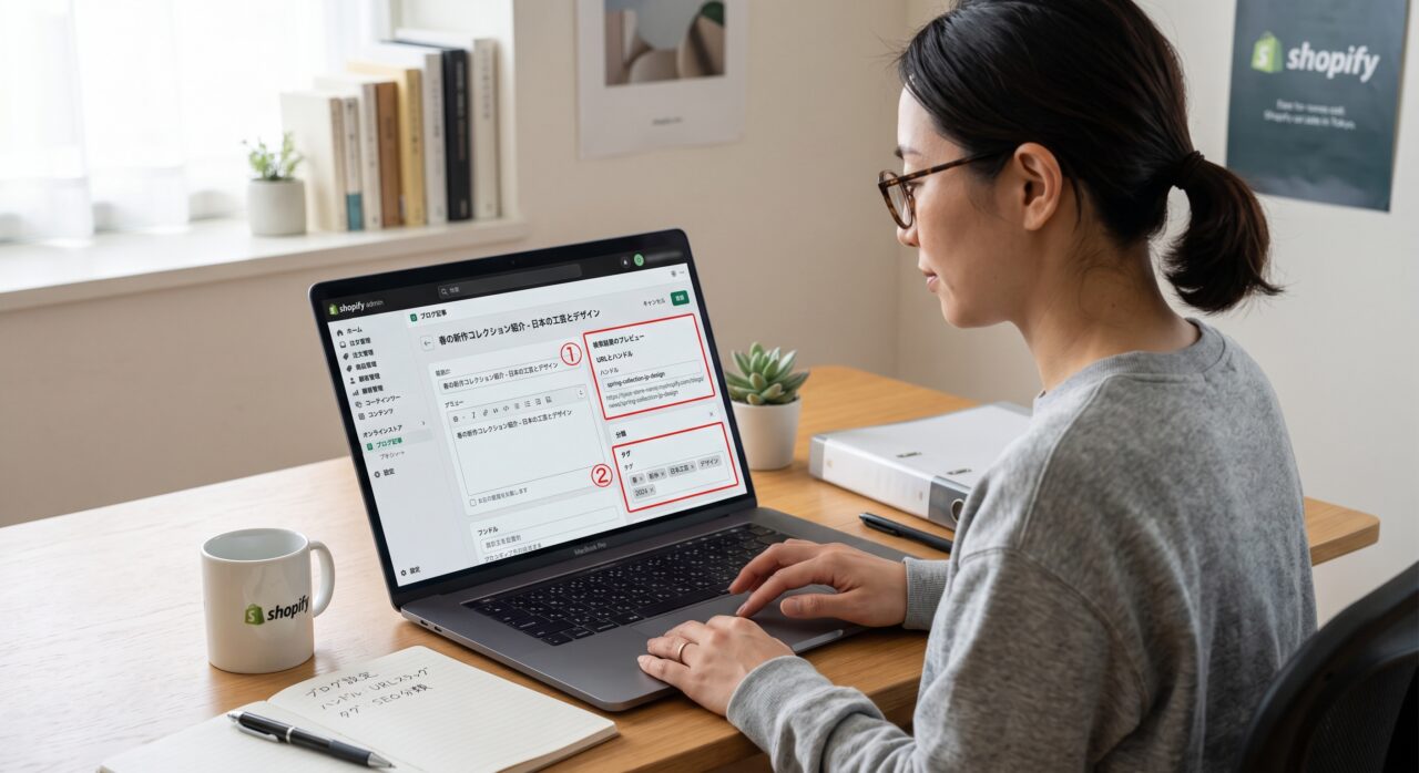 Shopifyブログのハンドルとタグの仕様を確認する設定作業のイメージ