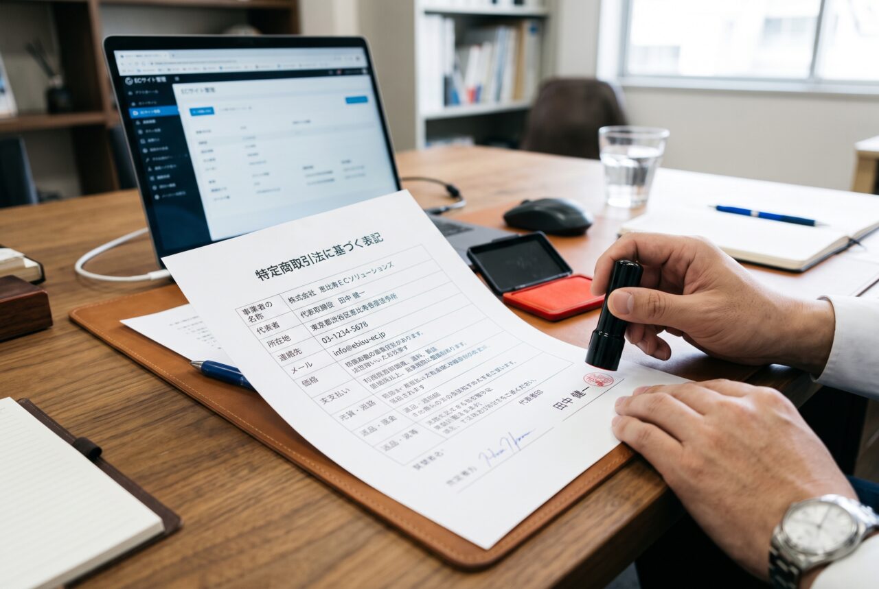 ECサイトの特定商取引法に基づく表記を書類と印鑑で整えるイメージ