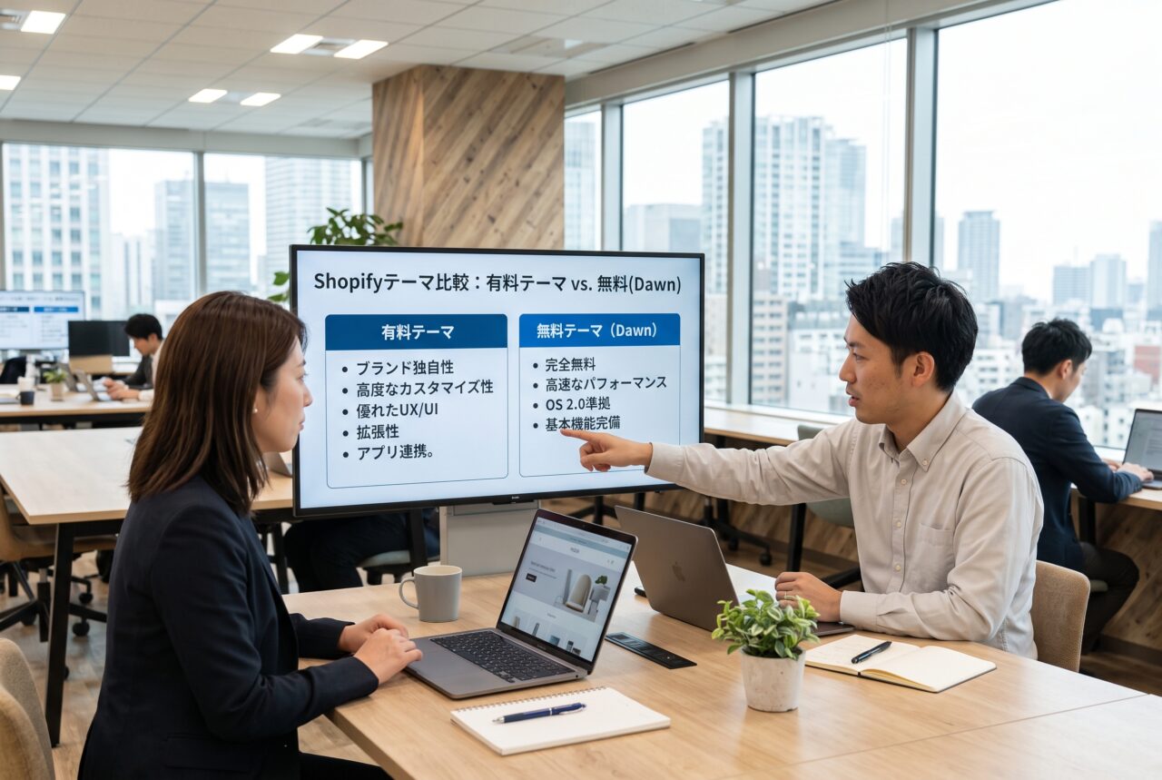 Shopify有料テーマとDawnやHorizonを比較する3つの選択肢のイメージ