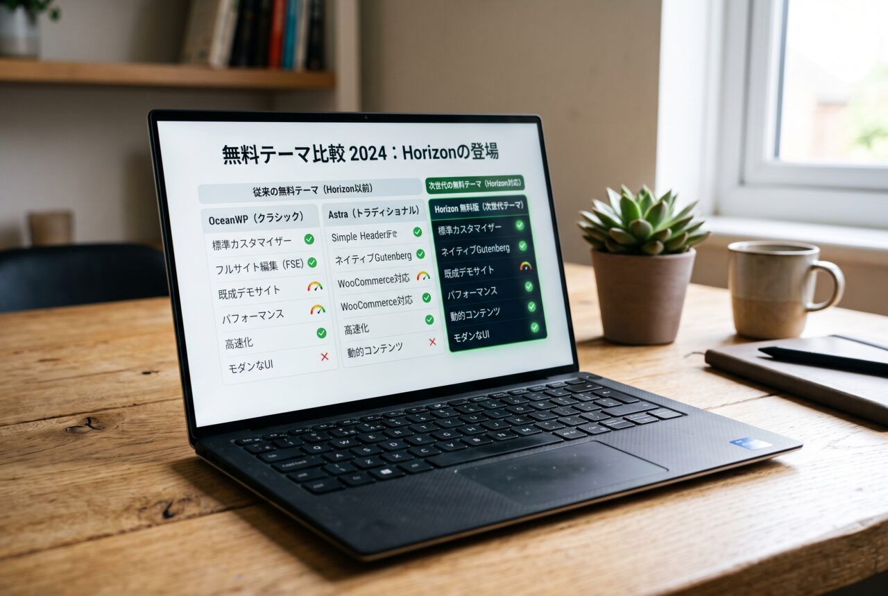 Horizon登場で機能水準が変わった無料テーマを比較するノートパソコンのイメージ
