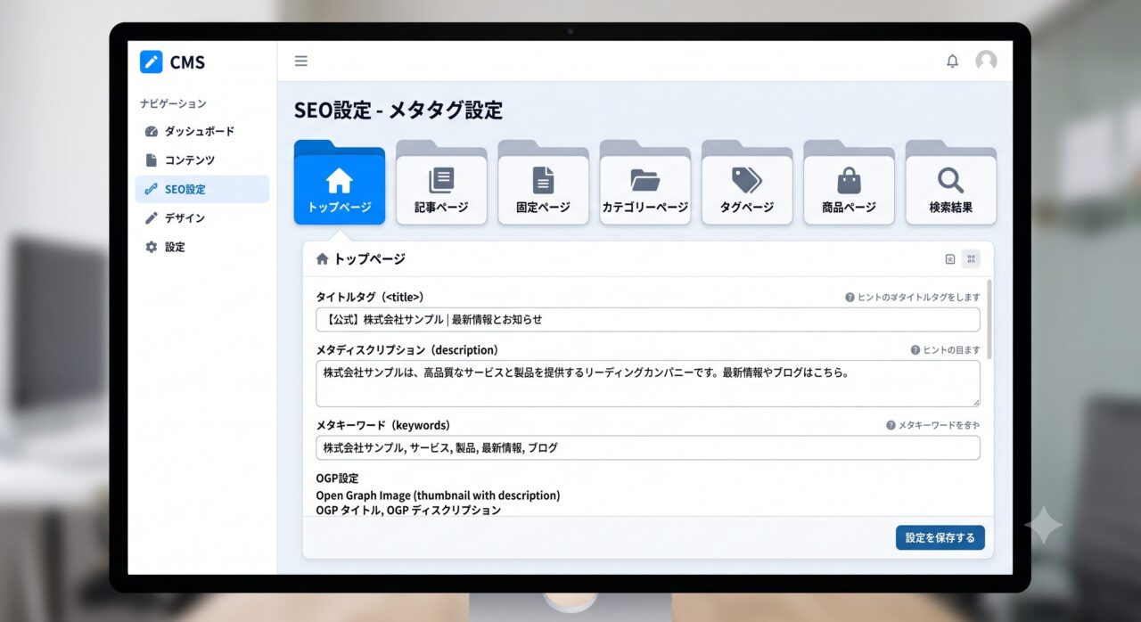 メタタグの設定画面がページの種類ごとに分かれる状態を表すラベル付きファイルのイメージ