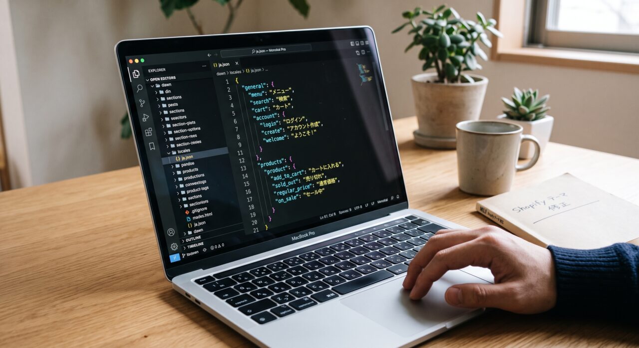 Shopify日本語テーマの言語ファイルをノートPCのコード画面で確認するイメージ