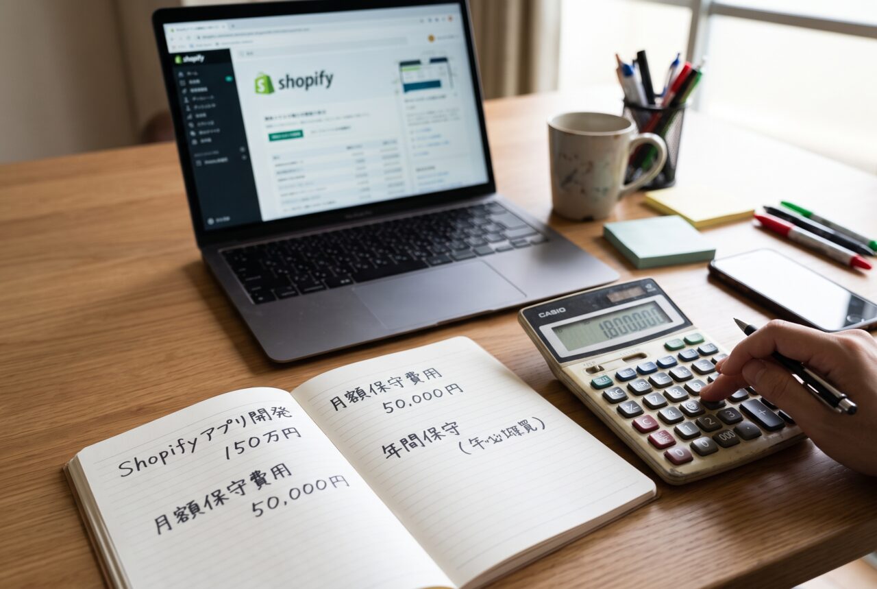 Shopifyアプリの開発費用と保守費を電卓で試算するデスクのイメージ