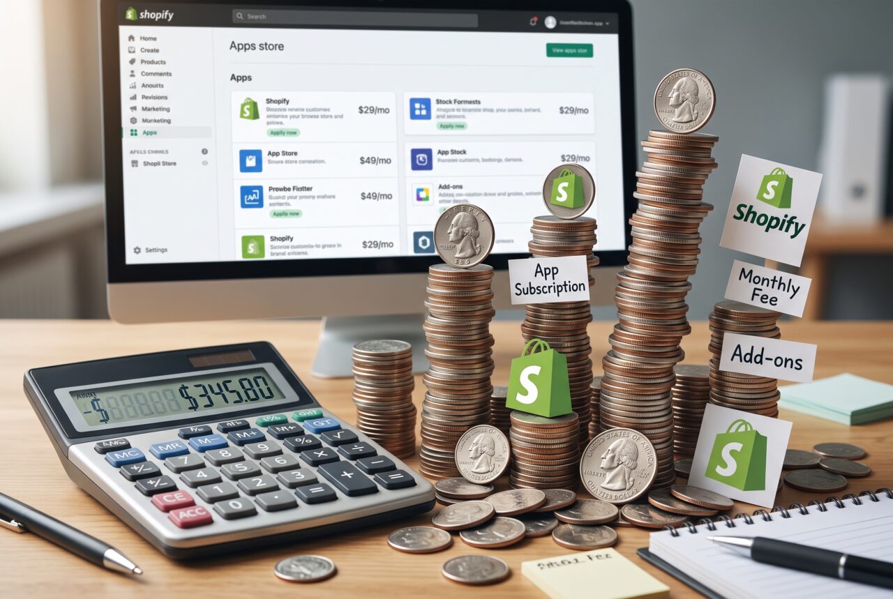 電卓と積み上がる硬貨で、Shopifyアプリの月額費用が膨らむ様子を表すイメージ