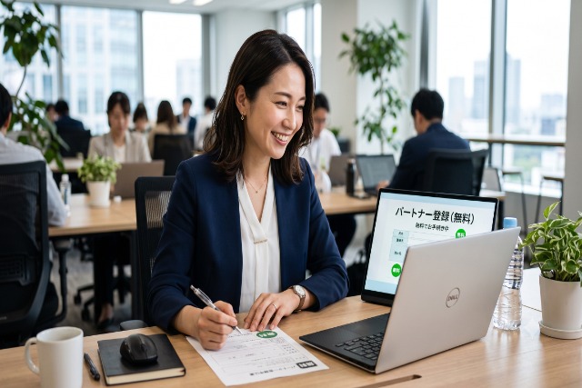 パートナー登録の手続きを無料で進めるノートPCと申込書類のイメージ