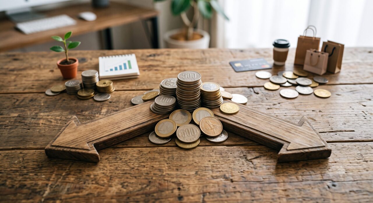 お金の向きが2通りに分かれることを、コインと矢印で抽象化した イメージ