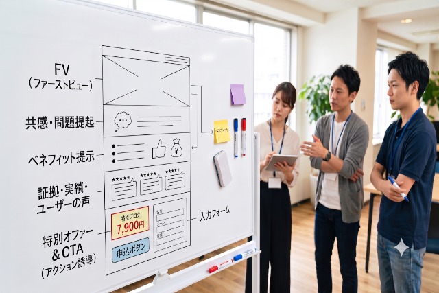 LP構成の並び順を整理して設計するホワイトボードのイメージ
