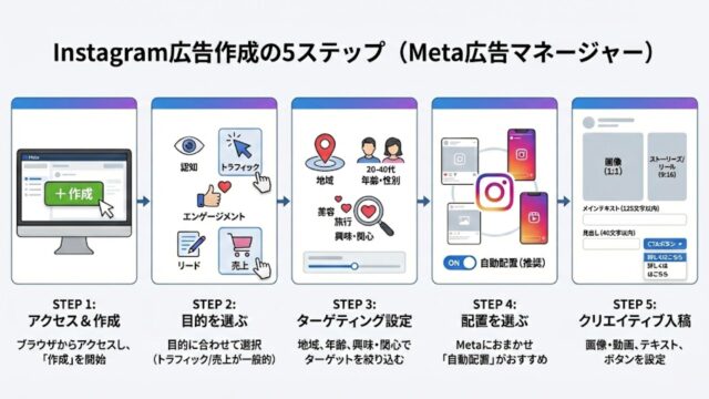 Meta広告マネージャーを使ったInstagram広告の出し方・設定手順5ステップを図解した画像