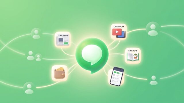 Gemini の回答
LINE公式グリーンを基調とした、文字のないアイキャッチ画像。中央のコミュニケーションの象徴から、LINE NEWS、LINE VOOM、ウォレット、LINEマンガ、トークリストといった広告配信面が光のトレイルでつながっている。