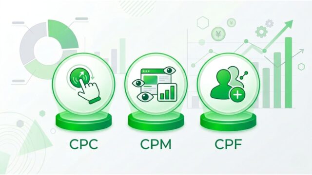 LINE公式グリーンを基調としたプロフェッショナルなイラスト。画面中央に「CPC」「CPM」「CPF」の3つのアイコンが横並びで配置され、それぞれにクリック・インプレッション・友だち追加を表すシンプルなアイコンが添えられている。