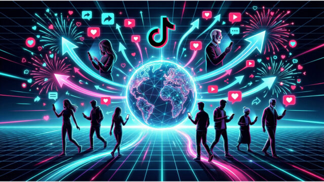 TikTokの利用者層が世界的に急成長し、多様な年代へ拡大している様子を象徴する抽象イラスト。高いエンゲージメントを示す多数のアイコンと、勢いのある矢印でプラットフォームの熱量を視覚化している。
