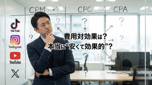 TikTok広告と他SNS（Instagram、YouTube、X）の費用対効果を比較検討し、CPM、CPC、CPAについて悩む企業の担当者。