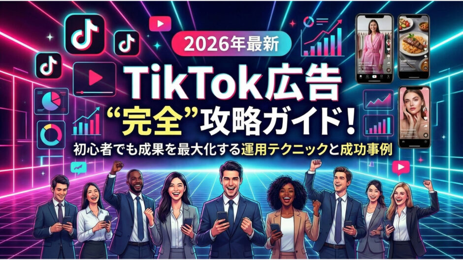 【2026年最新】TikTok広告“全種類”完全ガイド!費用・成功事例も網羅。月間15億人利用、最低5万円〜出稿OK、他SNSより高コスパといった特徴に加え、インフィード広告やトップビューなど主要な広告種類が図解されたアイキャッチ画像。