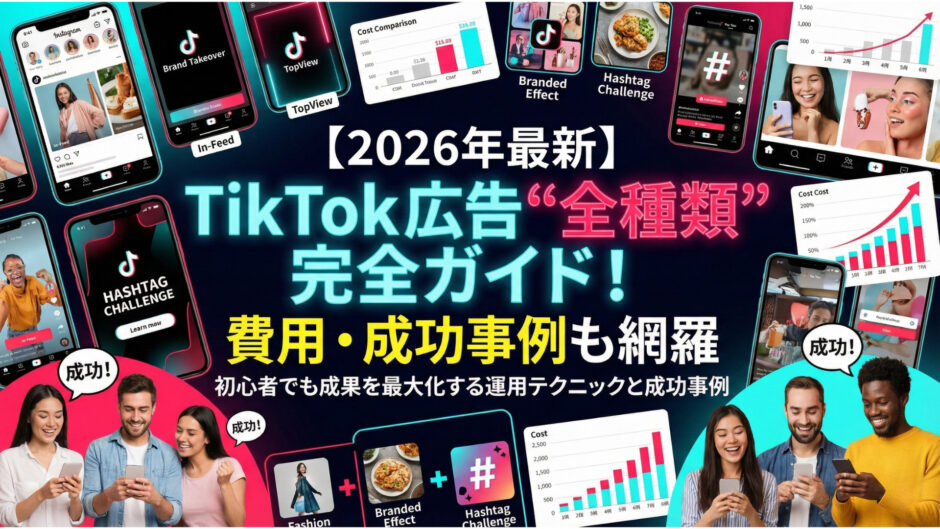 【2026年最新】TikTok広告“全種類”完全ガイド！費用・成功事例も網羅。月間15億人利用、最低5万円〜出稿OK、他SNSより高コスパといった特徴に加え、インフィード広告、ハッシュタグチャレンジ、ブランドテイクオーバー、トップビューなど主要な広告フォーマットが図解されたアイキャッチ画像。
