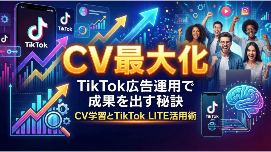 「CV最大化 TikTok広告運用で成果を出す秘訣 CV学習とTikTok LITE活用術」。左側には上昇するグラフと虫眼鏡で「CV学習(最適化)」を、右側にはTikTok LITEのスマホ画面と脳のアイコンで「TikTok LITE活用」を図解し、広告成果が向上する様子を表現したデザイン。