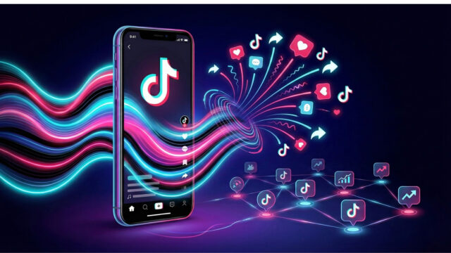 スマートフォンからネオンの波となって広がるTikTok広告のイメージ。没入感のある全画面動画コンテンツと、いいねやシェアによる高いエンゲージメント、レコメンドシステムによる拡散力を表現したイラスト。